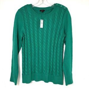 TALBOTS Kelly Green Cable Knit Crew Neck Cotton Blend Sweater *New w Tags* M